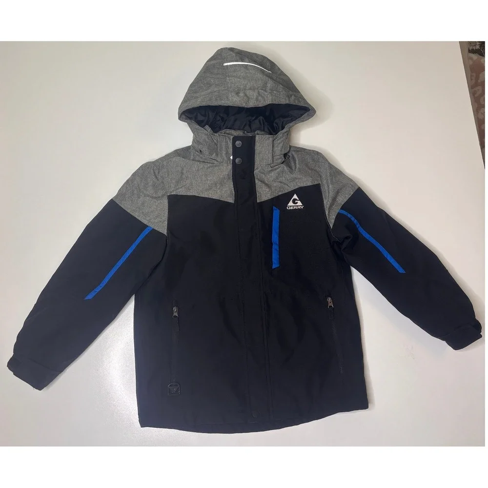 Gerry Boys Hooded Winter Ski Jacket Black Grey Full Zip Warm Coat Size M 10/12